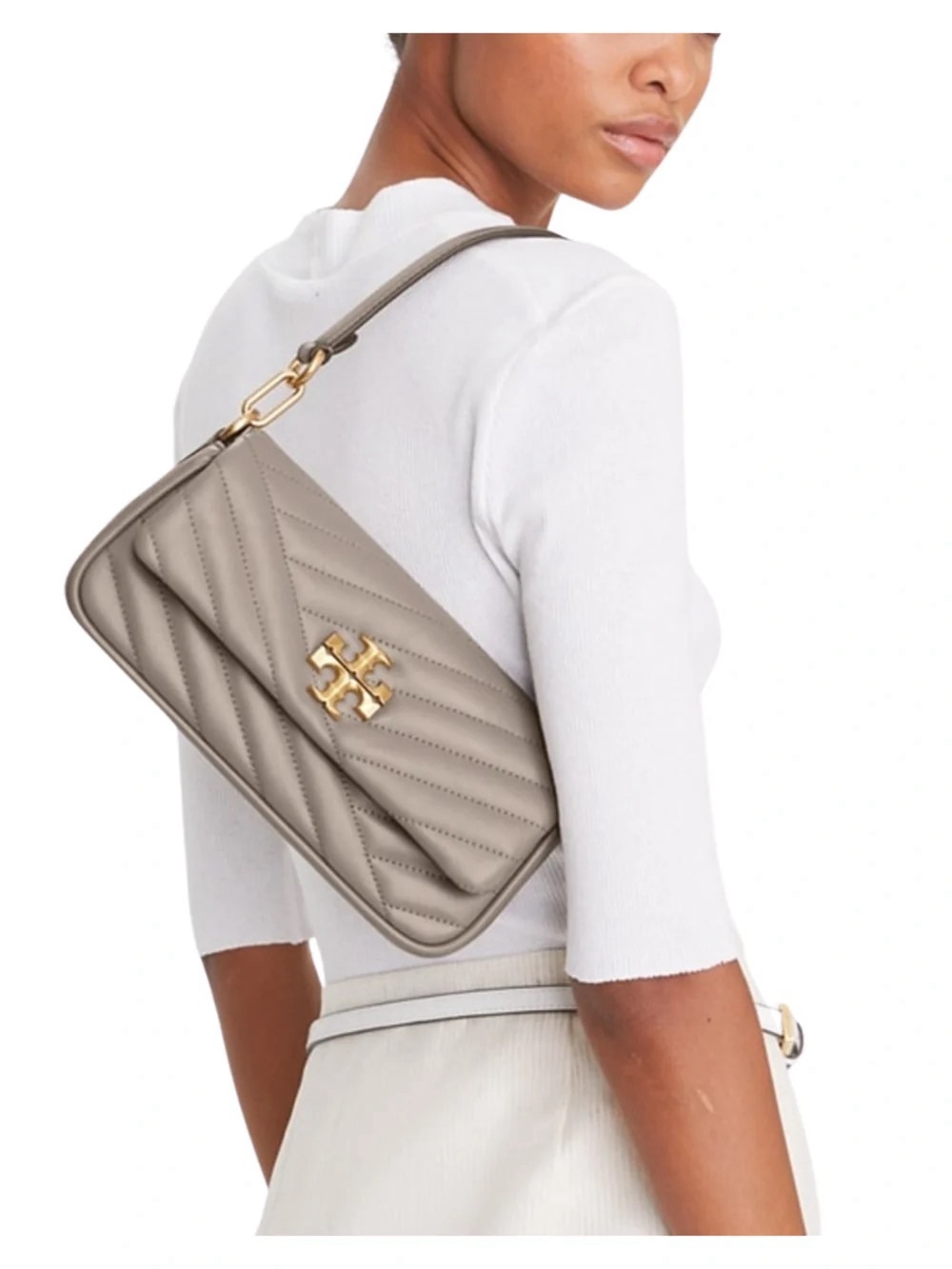 Tory Burch Kira Chevron Napa Leather Small Flap Shoulder Bag Purse in Gray Heron